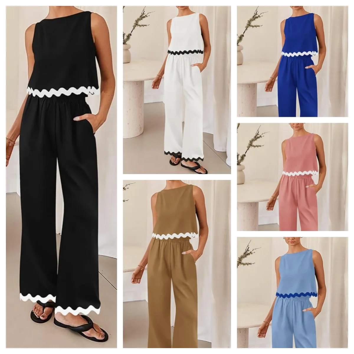 ผู้หญิงฤดูใบไม้ผลิ/ฤดูร้อนผู้หญิงสบายๆ 2 ชิ้นชุดแฟชั่น Casual เสื้อกั๊กสั้นหลวมขากว้างกางเกงสบาย