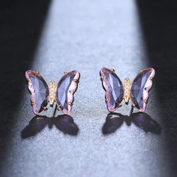 Fashion Purple Crystal Glass Butterfly Stud Earring for Women New Transparent Animal Jewelry Christmas Girl Gift