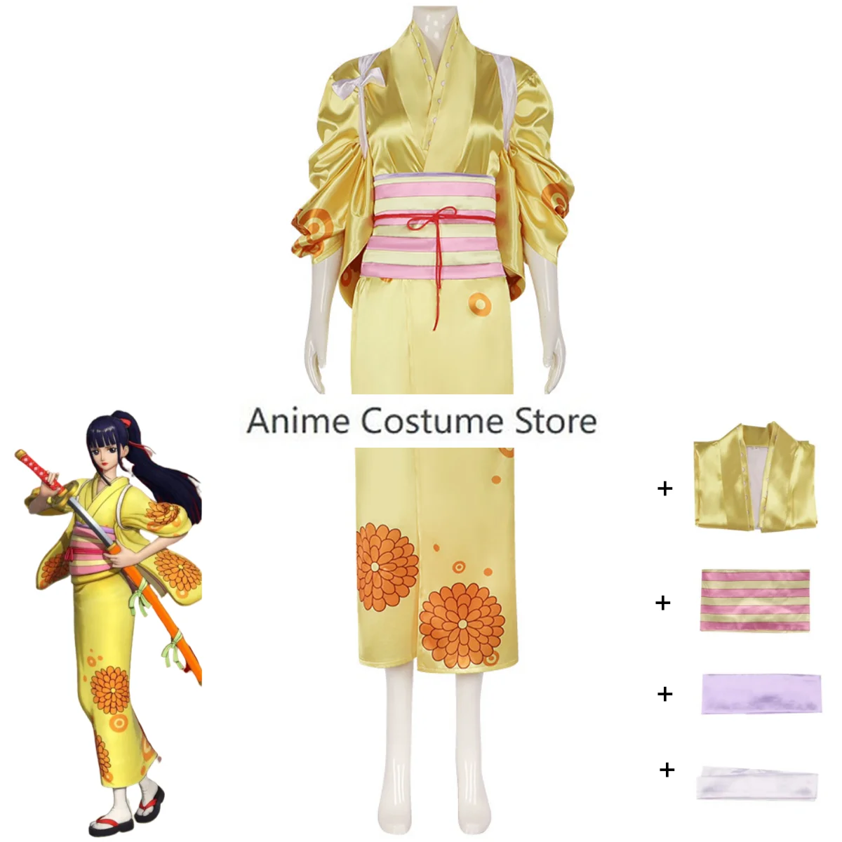 Anime Kikunojo O-Kiku Cosplay Costume Nine Red Scabbards Japanese Yellow Kimono Bathrobe Dress Woman Lovely Christmas Suit