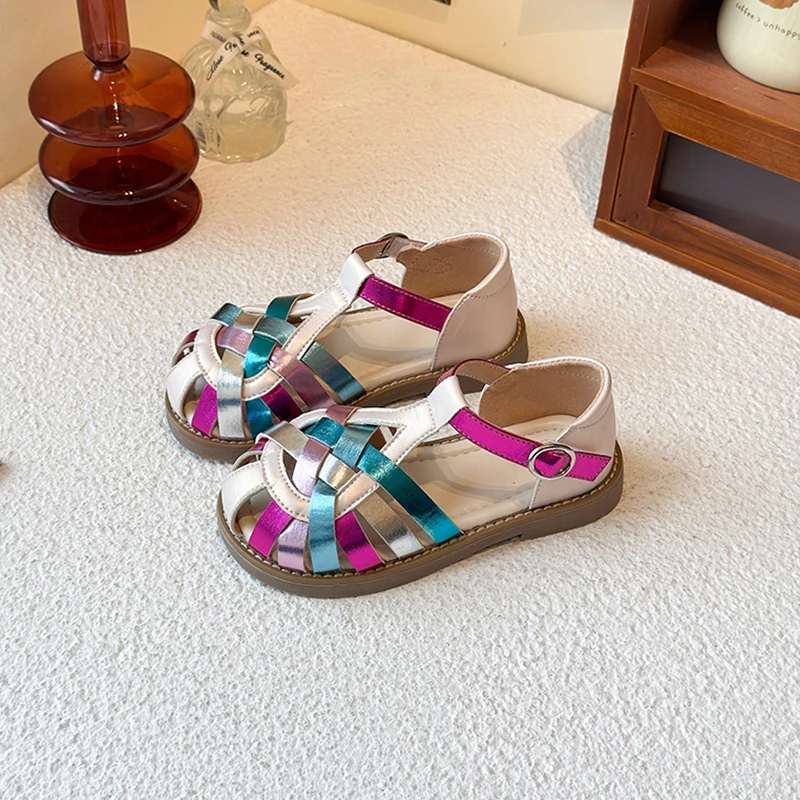 Girls Sandals Rainbow Color Weaved Sandals New 2026 Summer Fashion Princess Party Dress Shoes Toddler Children Beach Weave Flats