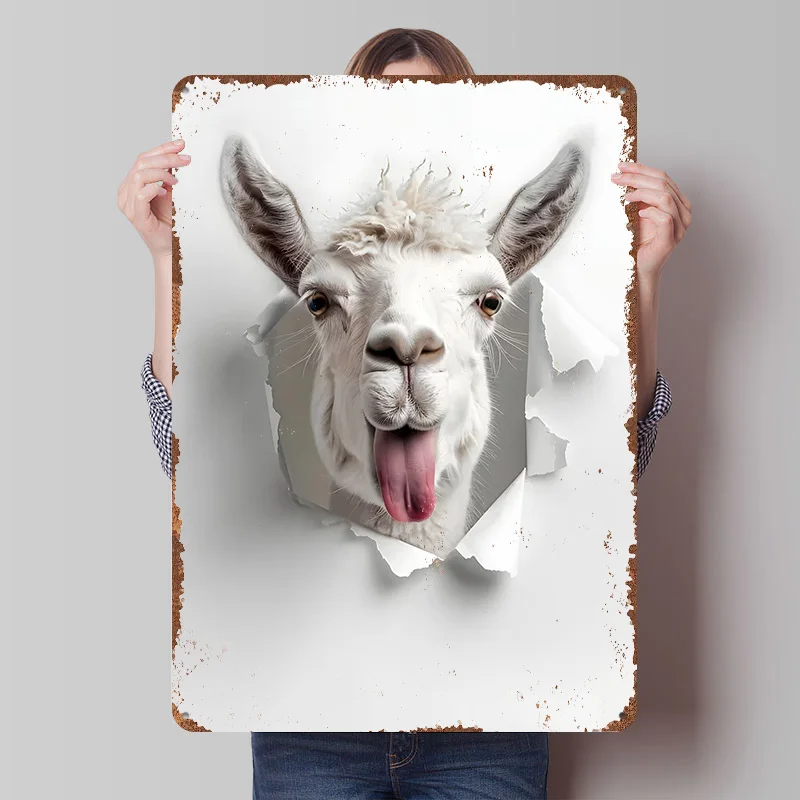 Funny Alpaca Bursting Through Paper Poster Customized Vintage Metal Signs Wall Art Retro Tin Plaque for Decoration Aesthetic