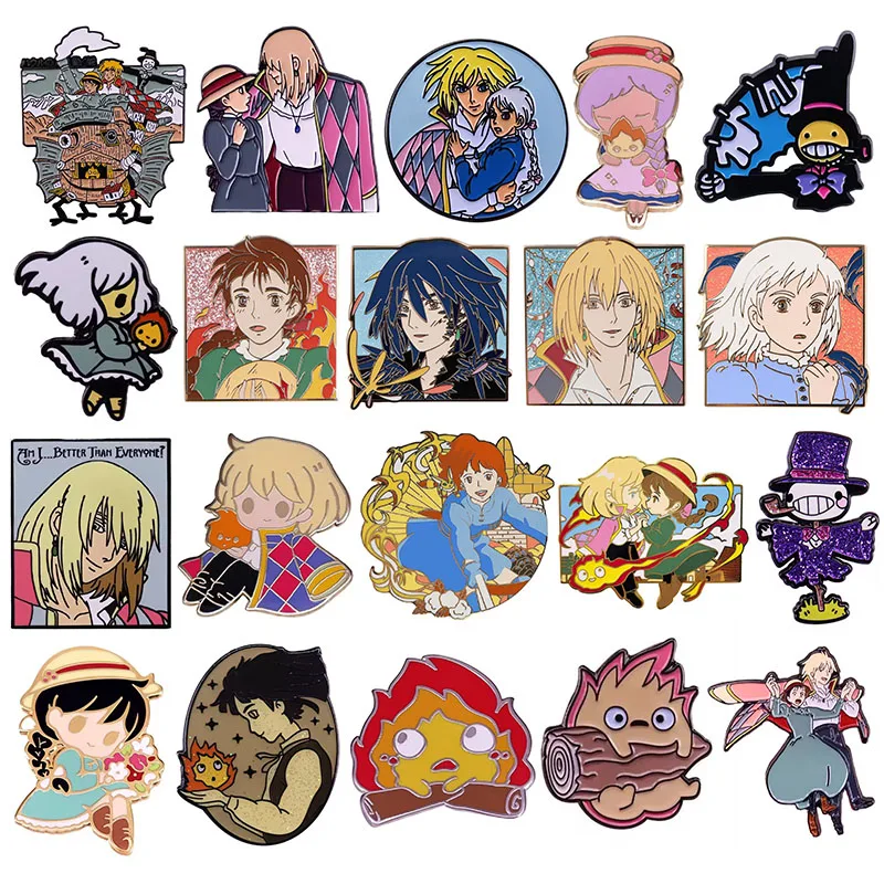 Alfileres esmaltados de Castillo en movimiento de dibujos animados, broche de Metal de Personaje de Anime japonés clásico, insignia, joyería de moda, accesorios para mochila, regalos