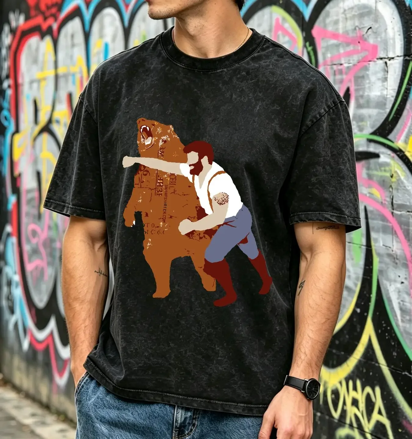 washed T Shirt HOT SALE A Grizzly Bear Cool Man Punching vintage Washed streetwear homme Stylish Versatile Slightly graphic