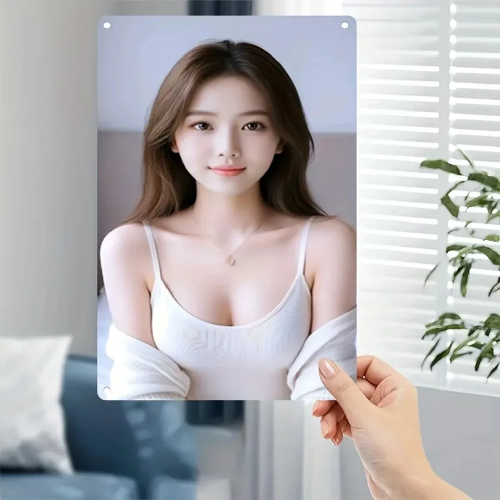 HD Metal Wall Art Asian Casual White Cami Top Beauty Pin Up Girl Vintage Metal Tin Sign for Home Bar Decor