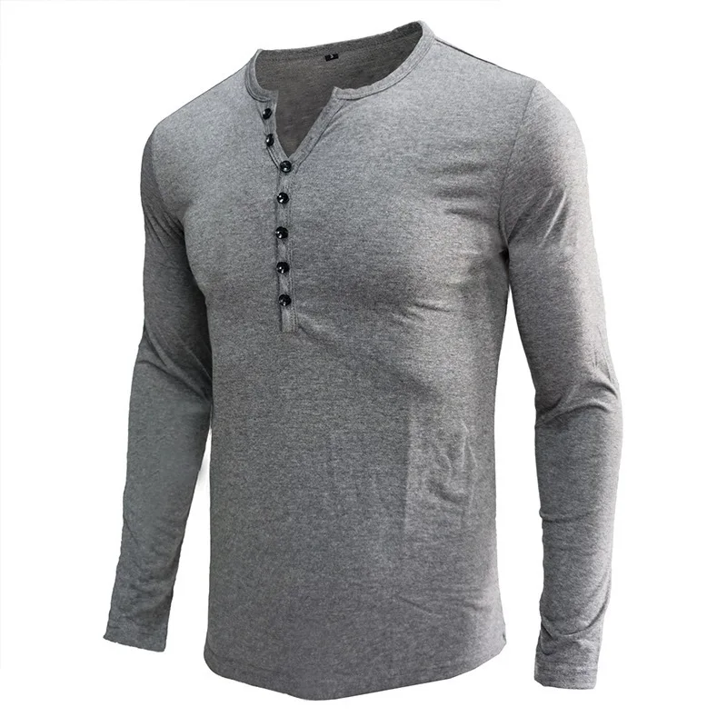 Mens Henley Long Sleeve T Shirt Button Placket Solid Slim Fit Casual Basic Undershirt
