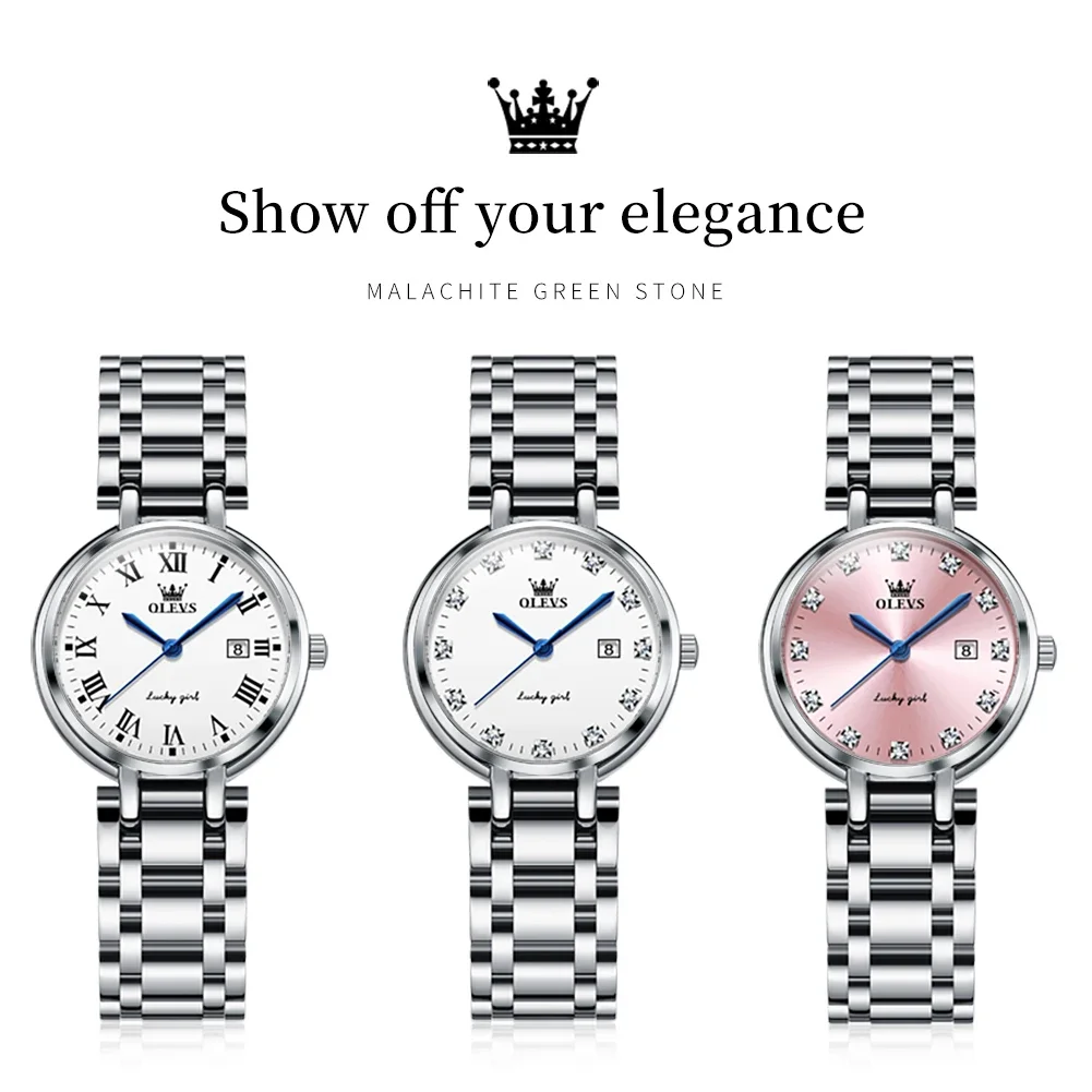 OLEVS 5575 Luxury Brand Silver Stainless Steel Women Watches Rhinestone Dial Calendar Waterproof Fashion Woman Quartz Wristwatch