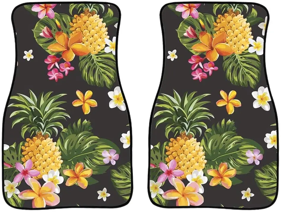 

UNICEU Tropical Pineapple Flowers Print Car Front Carpet Floor Mat Liner Set - 2 Pieces Car Truck SUV Heavy Duty Rubber Floor Ma