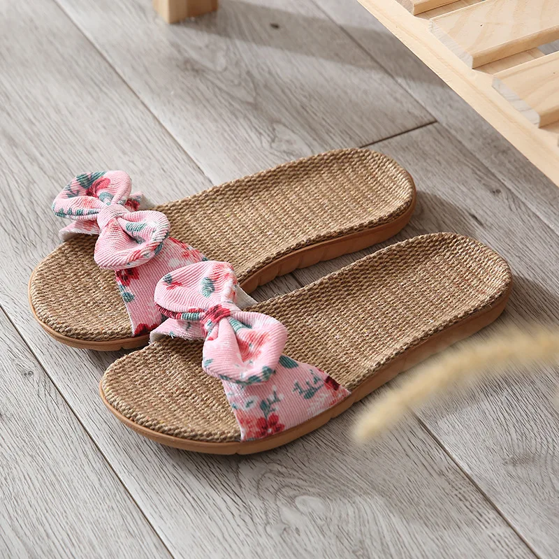 Summer Women Slippers Home Female Bowknot Flax Slippers Linen Flip Flops Bohemia Beach Sandals Slipper Chaussure Femme