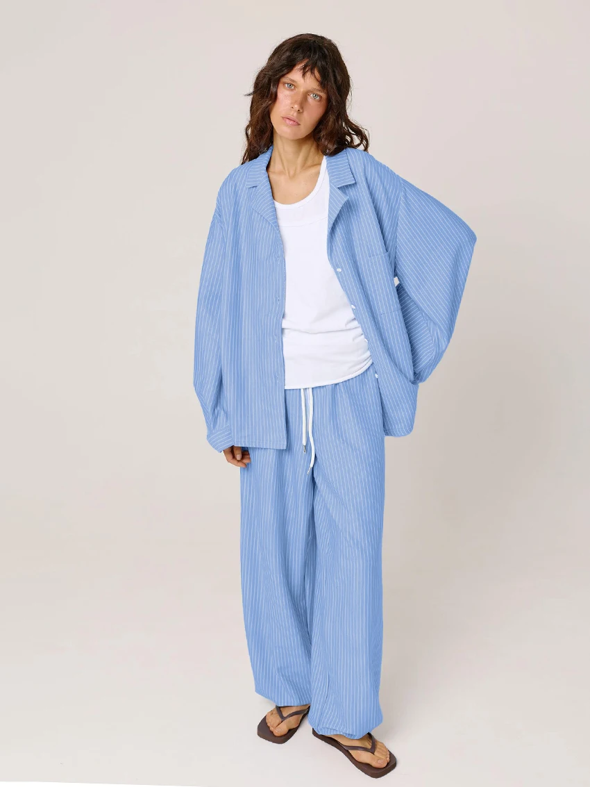 

Marthaqiqi полосатая женская пижама, комплект из 2 предметов, одежда для сна с длинными рукавами, ночная рубашка с отложным воротником, брюки, повседневная женская ночная рубашка, костюм