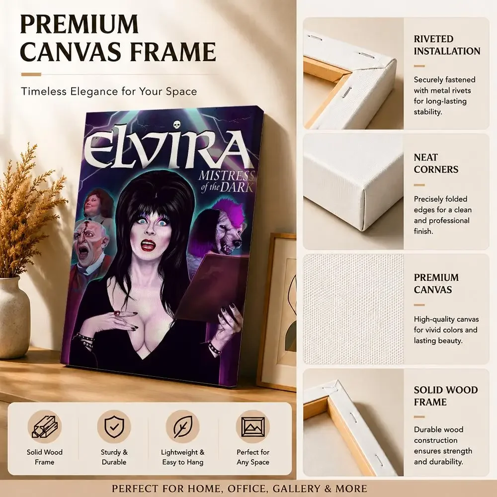 Retro Horror Movie E-Elvira Mistress Framed Wall Painting Canvas Art Poster with Solid Wood Frame for Living Room Home Decor