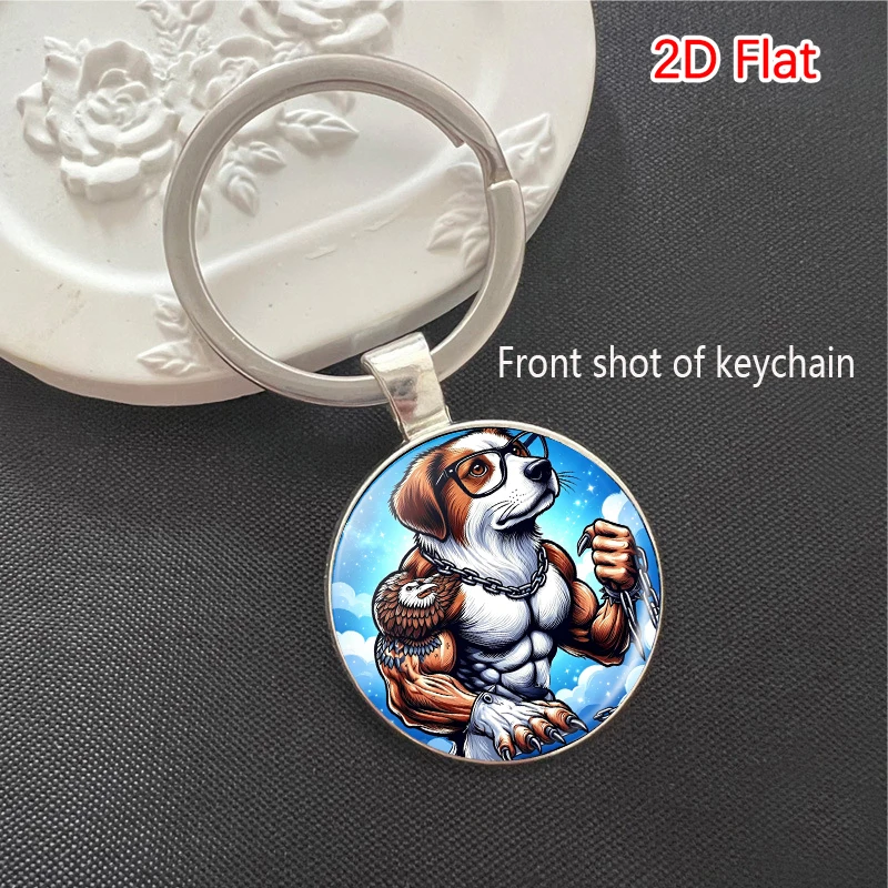 Muscular Tattoo Dog Time Gem Keychain Round Glass Dome Key Ring Cool Animal Art Bag Charm Pendant Men Fashion Jewelry Gift