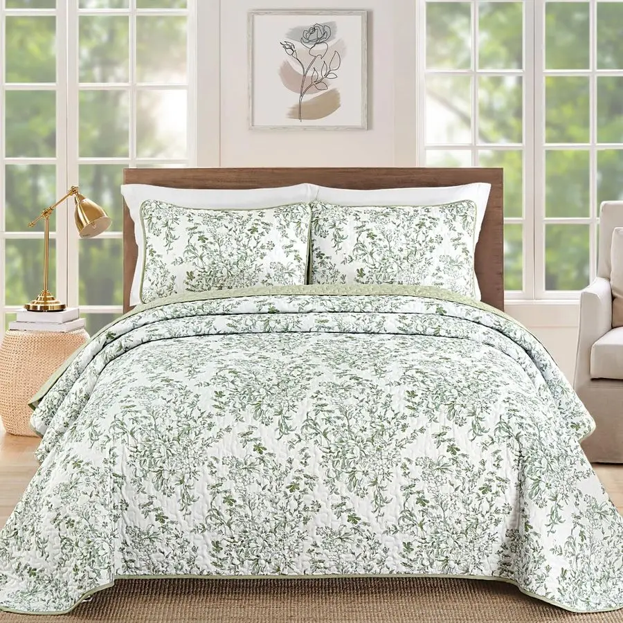 

Quilts Queen Size, Sage Green Quilt Bedding Set with 2 Pillowcases, Botanical Quilt for Queen Bed, Soft Microfiber Lightweight C