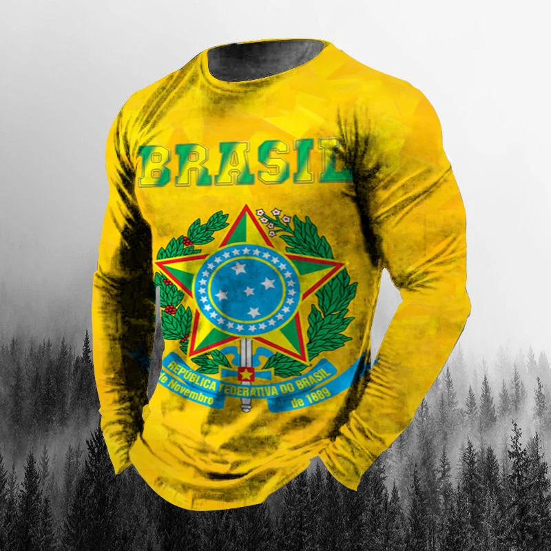 Vintage Brazilian Flag 3D Print Autumn Men's O-Neck T-shirt Casual Long Sleeve Oversized T Shirt Fashion Pullover Men Clothing