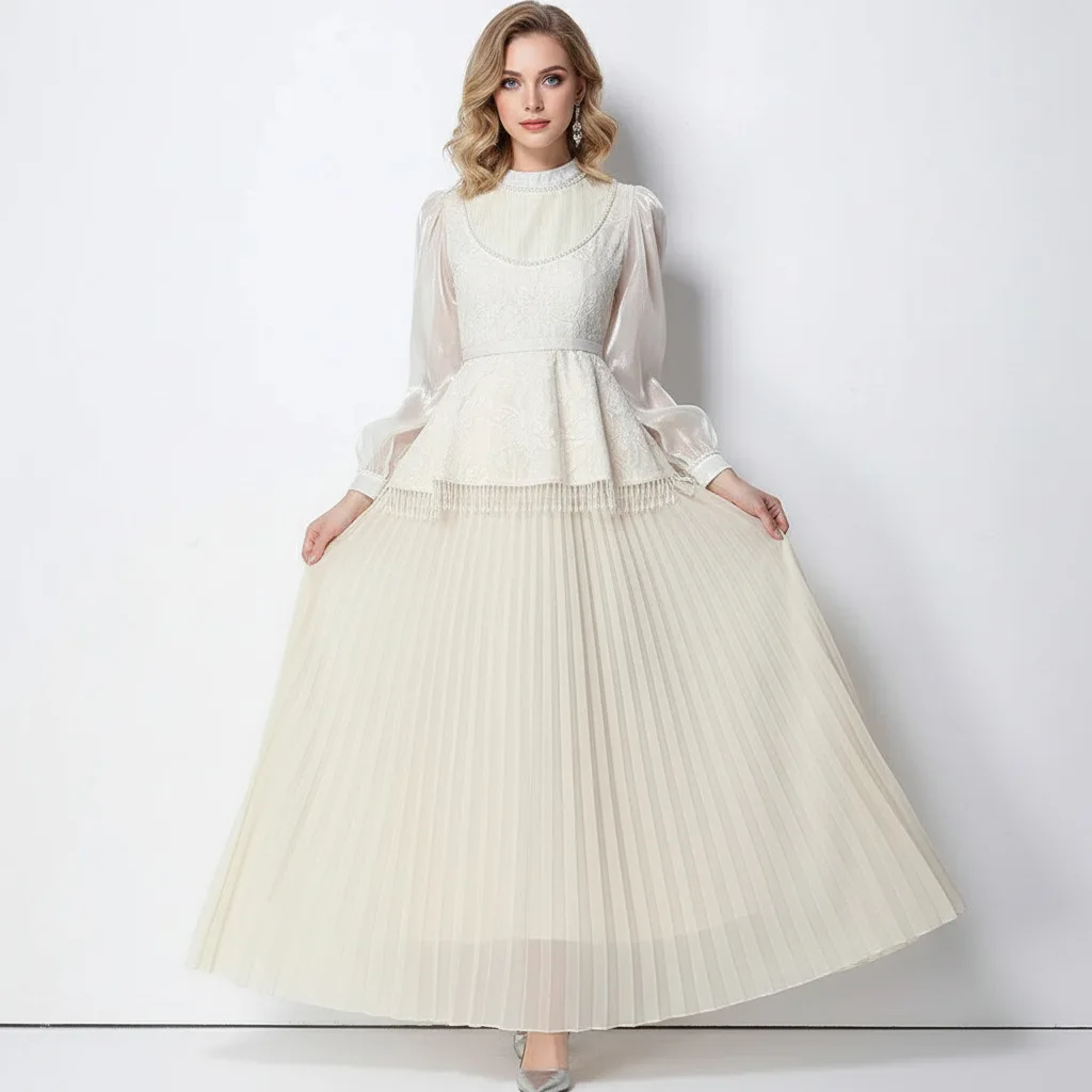 

Runway Pearl Embroidery Tassel Summer Lace Chiffon Long Dresses Women Autumn Sleeve Pleated Formal Evening Party Dress Holiday