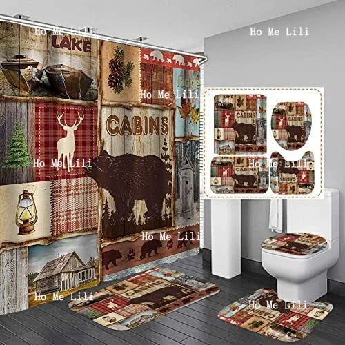 Cabin Shower Curtain Set Red Buffalo Plaid Bear Deer Elk Moose Cabins