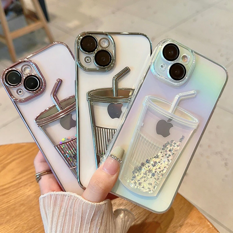 Fashion Milk Tea Cup Bling Glitter Star Quicksand Case For iPhone 14 13 11 12 15 Pro Max Shiny Sequins Transparent Plating Cover