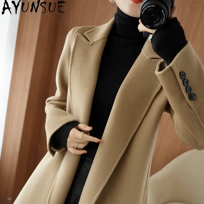 

100% Wool Coat Women Winter 2022 Trend Double-sided Woolen Jackets Ladies Long Coat Women Belt Overcoat Femal Coats Abrigo Mujer