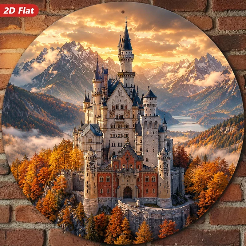 2D Flat, 1pc Round Metal Sign Wall Art, Neuschwanstein Castle Home Decor, Enchanting Castle Image, Alpine Landscape, Autumn Foli