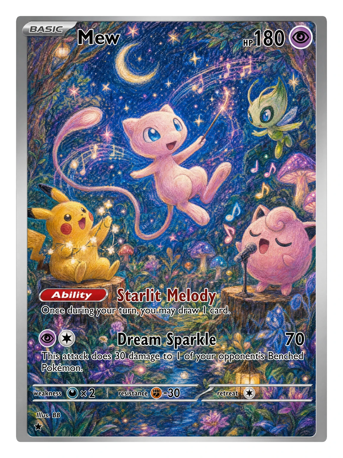 Moonlight Concert PTCG 5 Cards Set, Mew, Sylveon, Jigglypuff, Squirtle, Mimikyu, Full Art Holographic Collectible Trading Cards
