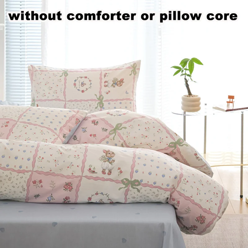 Rural Style Synthetic Fabric Wash Process Pink Checkered Rabbit Pattern Bedding 4-Piece Set (1 Cover+1 Bedsheet+2 Pillowcase