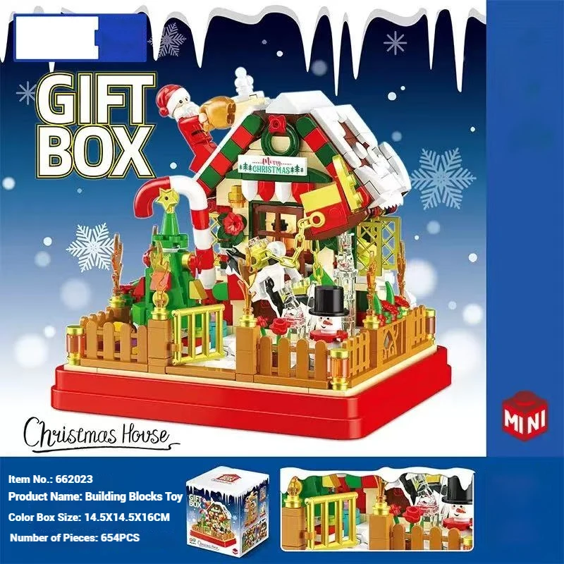 Christmas home decorations, gingerbread house and apple model kits, children's holiday building blocks toys and gifts.