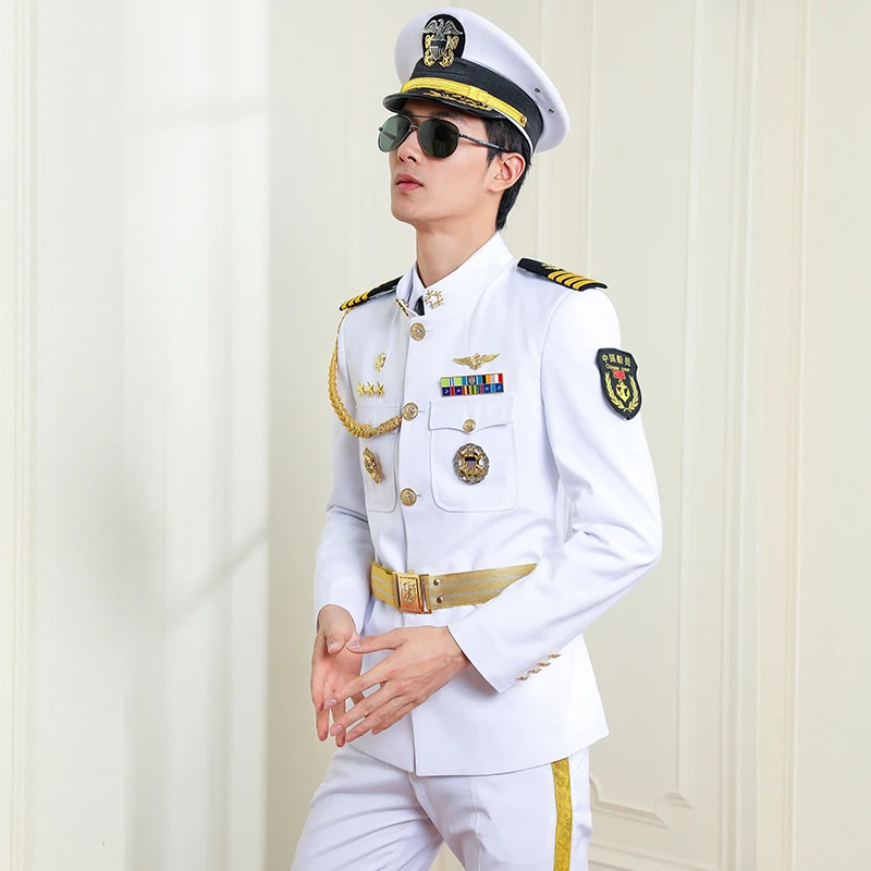 New Costume White Uniform Clothes American Formal Attire Suits Handsome Gentleman Casual Stand Collar Clothing Set