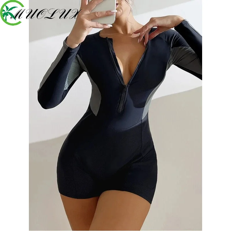 

2024 New One-piece Long Sleeved Color Blocking Surfing Suit Women's Swimsuit Round Neck Zipper Conservative Diving Suit Swimwear