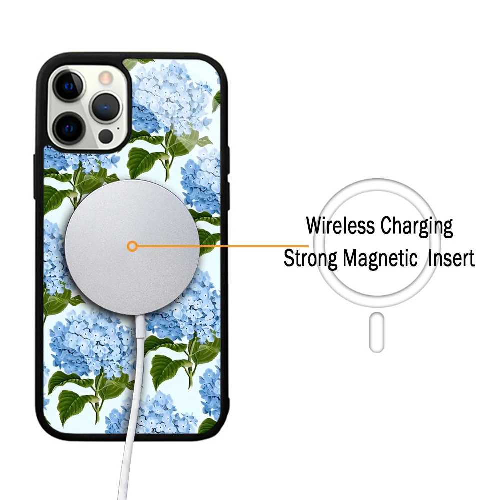 Blue Hydrangea Print Floral Print Case For iphone 11 12 13 14 15 Plus Pro Max Mirror Acrylic For Magsafe Wireless Charging