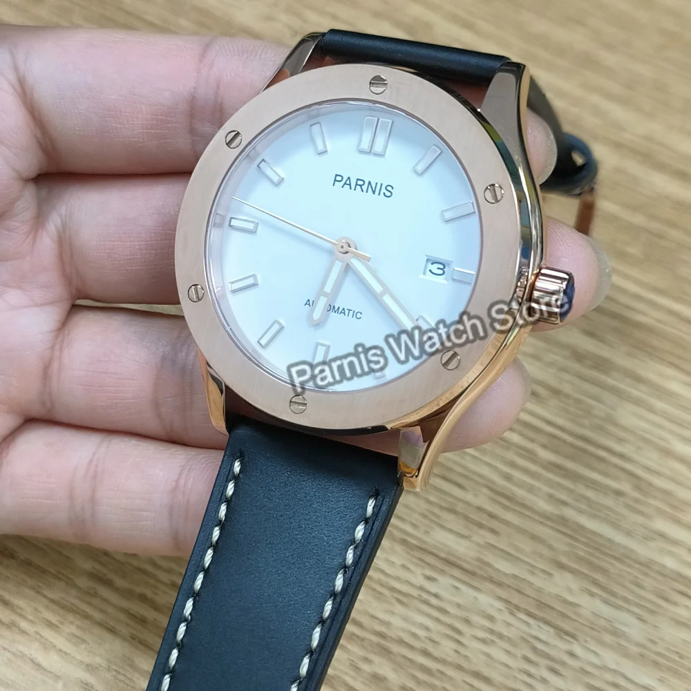 Мужские повседневные часы Parnis с сапфировым стеклом, 44 мм, японский NH35, с автоматическим механизмом, 5 атм, водонепроницаемый черный циферблат, корпус из розового золота