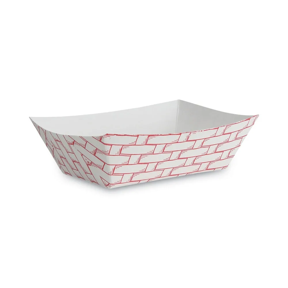 

1 lb capacity red and white paper food baskets pack of 1000 units for serving snacks and meals