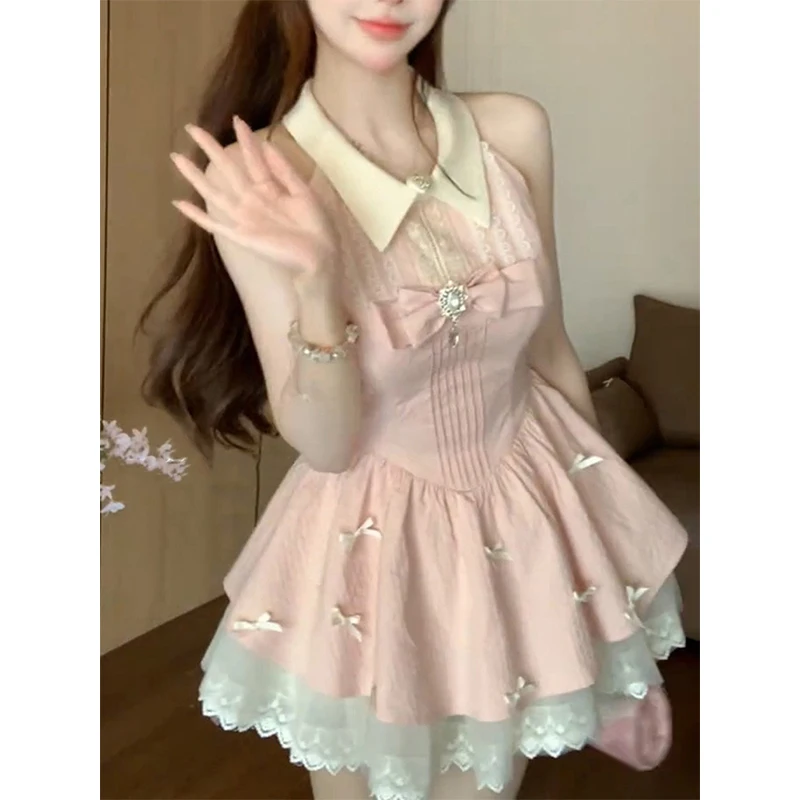 Mini abito rosa Kawaii Moda donna Party Prom Bow Abiti patchwork in pizzo Estate coreano senza maniche Halter Abiti aderenti Nuovo