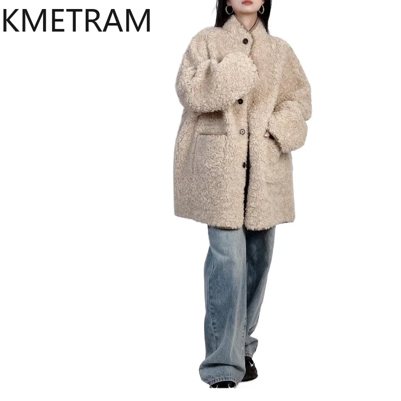 KMETRAM 100% Natural Wool Coats for Women Reversible Sheep Shearing Jacket Winter Real Fur Coat Woman Clothing 82cm 2026 пальто