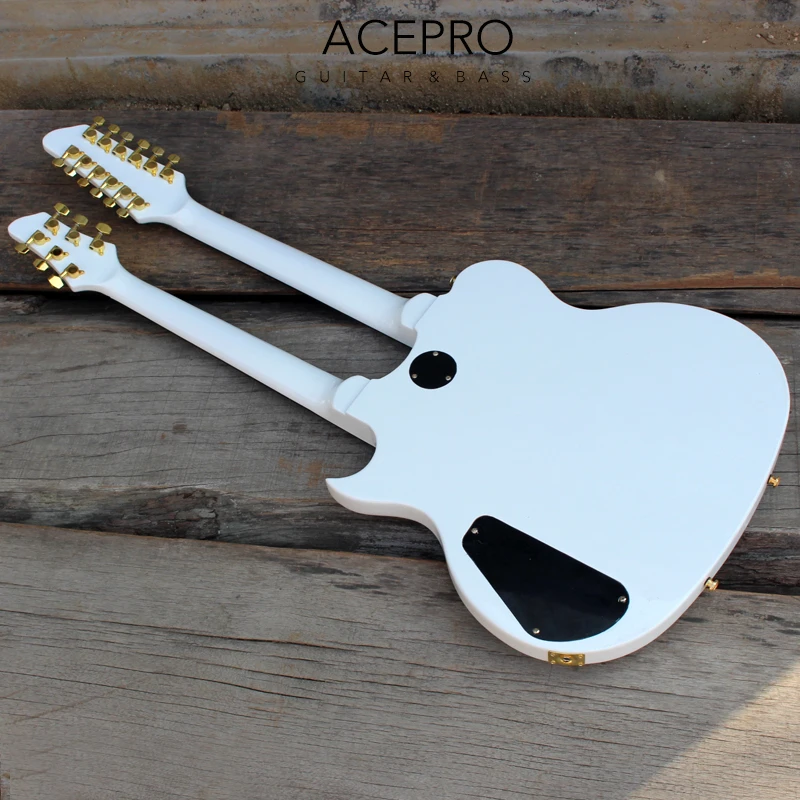 Acepro White Double Neck Electric Guitar, 6 String Guitarra+ 12 String Guitar Combo, Gold Hardware, Abalone Custom Stem Inlays