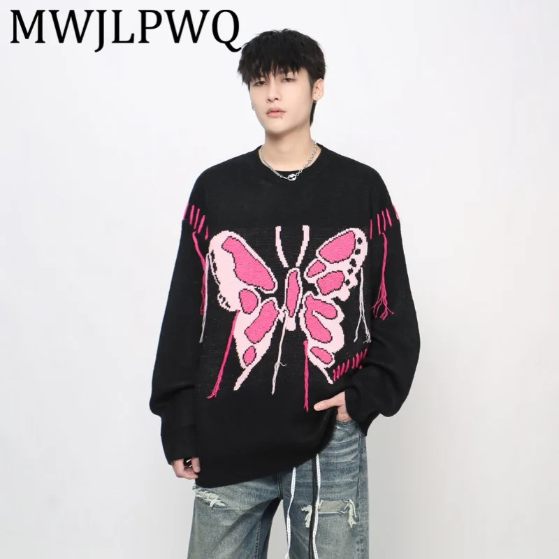 

MWJLPWQ Niched Trendy High Street Style Color-Block Sweater For Men Couples American Round Collar Design Oversize Knitwear 21122