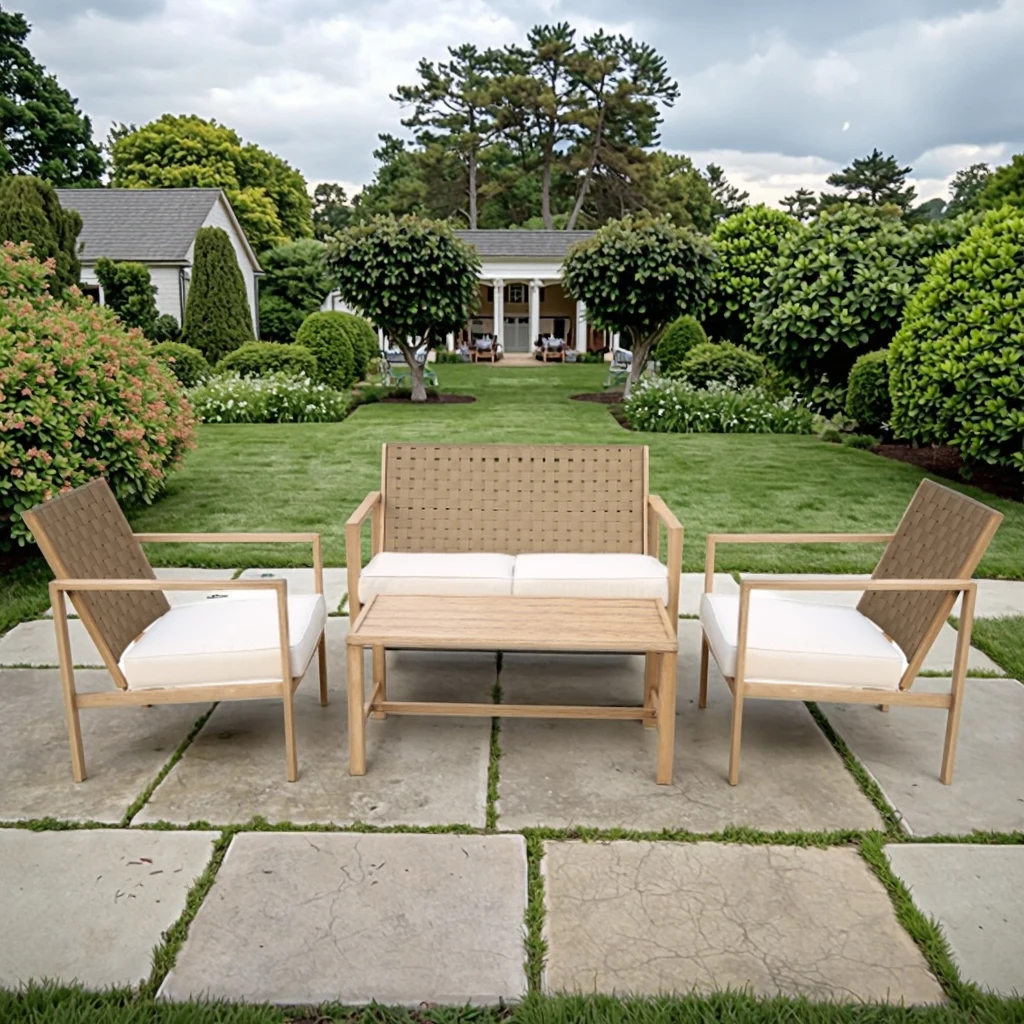 

Modern Farmhouse-Style Outdoor Garden Sofa Set All-Weather Four Seats PE Wicker Rattan Sectional Couch for Patio Hotel Courtyard