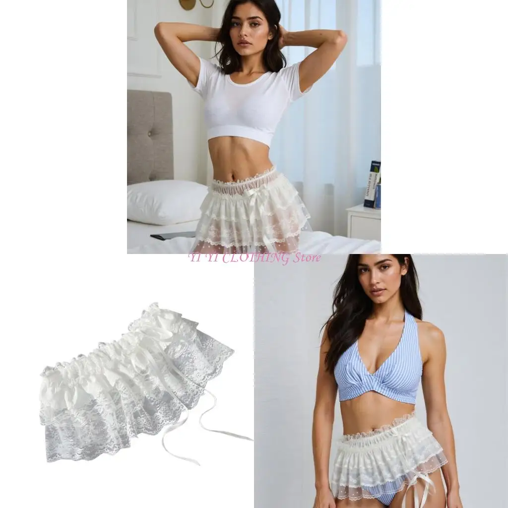 

N5KF Elegant Balletcore Mesh Ruffle Skirt Cover For Jeans And Summer Outfits