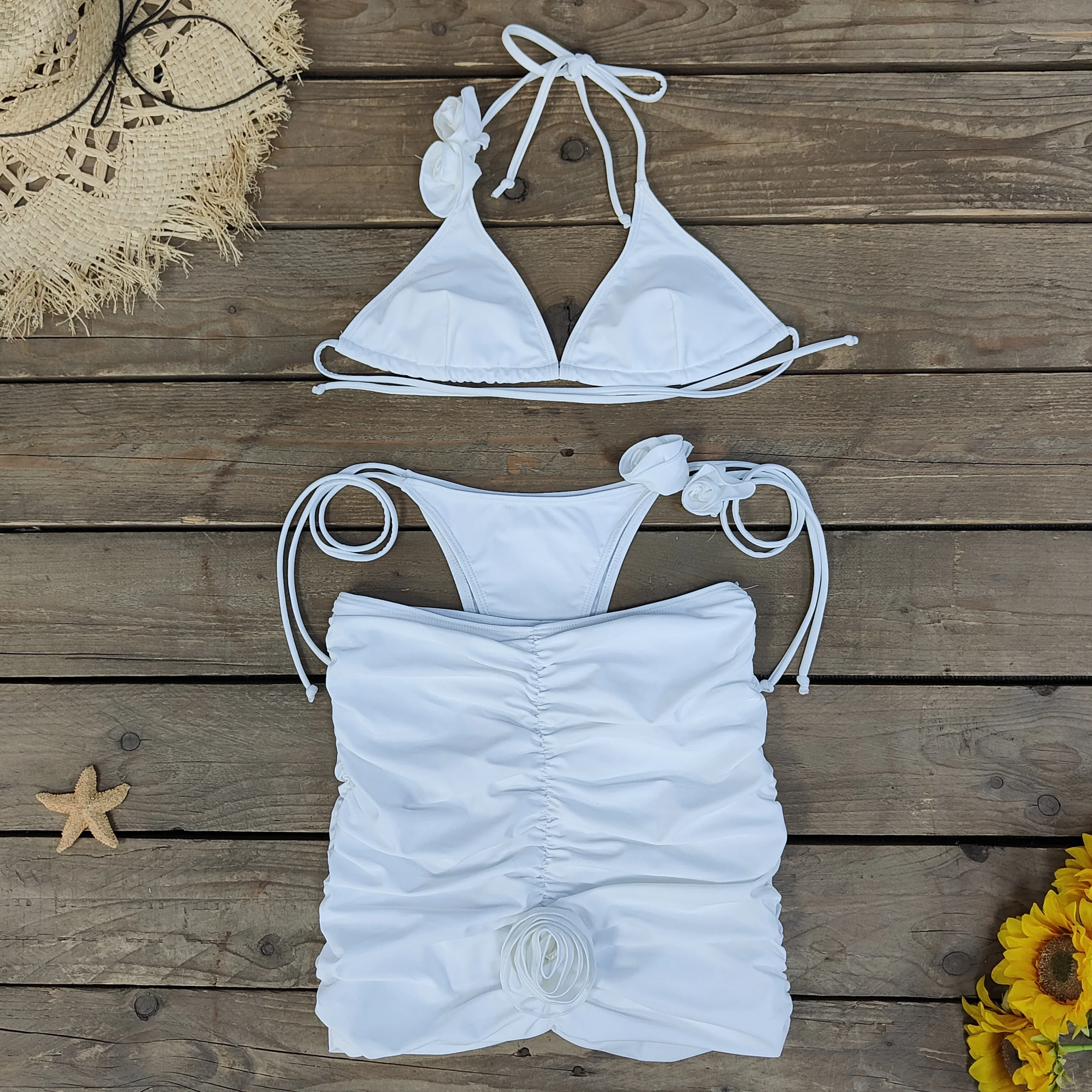 Sexy Flower Bikini With Skirt 3Pcs Set Women Swimsuit Beach Cover Up 2025 Trend Lady Swimwear Holiday Dress Female Clothes