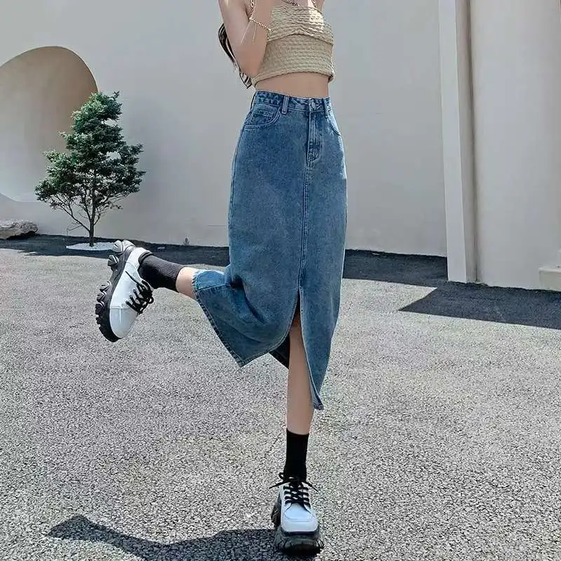 Retro koreańska luźna spódnica jeansowa midi damska, prosty krój A, letnia, nowa, codzienna, odporna na zużycie, z wysokim stanem i rozcięciem z przodu.