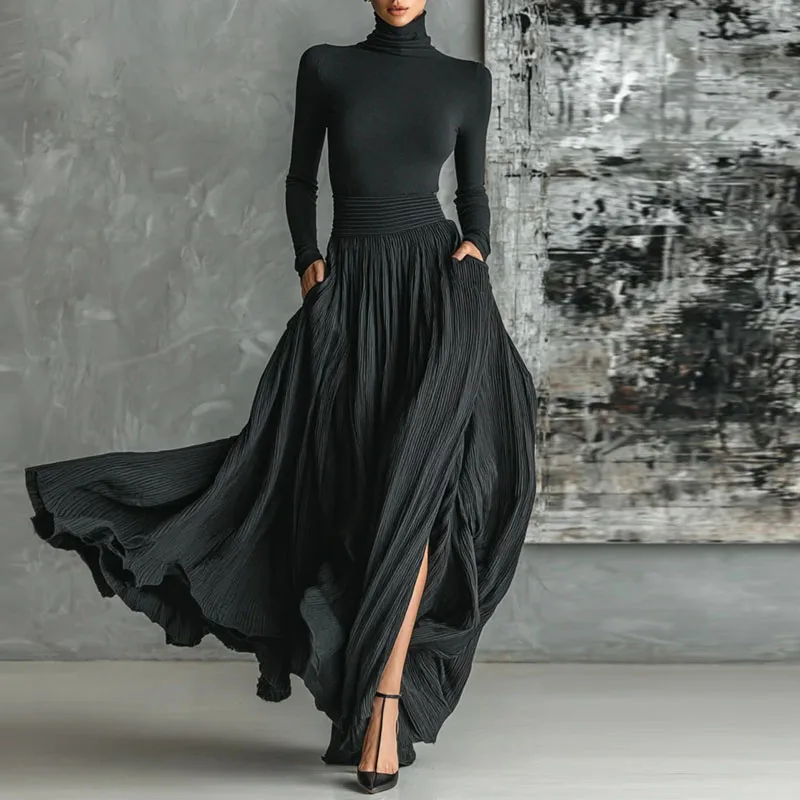 프렌치 스타일 레트로 솔리드 롱 드레스 수트 여성 우아한 터틀넥 탑 풀오버 & 플리츠 맥시 스커트 2피스 세트 가을 의상