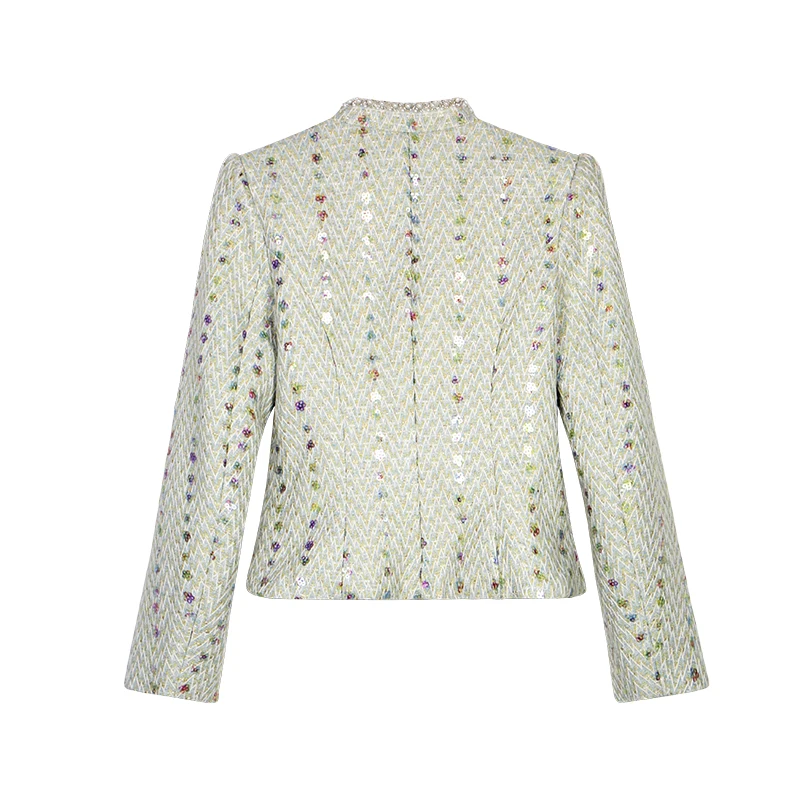 New Fashionable and Elegant Celebrity Heavy Industry Bead Sequin Temperament Small Fragrance Round Neck Single-Breasted Jacket