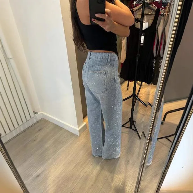 

Hot Diamond Star Pendant Design Sense High Waist Washed Jeans Women's Spring Loose And Skinny Versatile Straight Pants