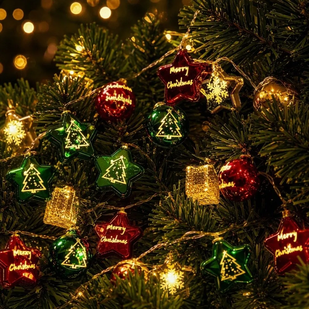 Electroplated Christmas String Lights PVC Material Warm White Hanging Lights Round Ball Star Shaped Fairy Lights Holiday Decor