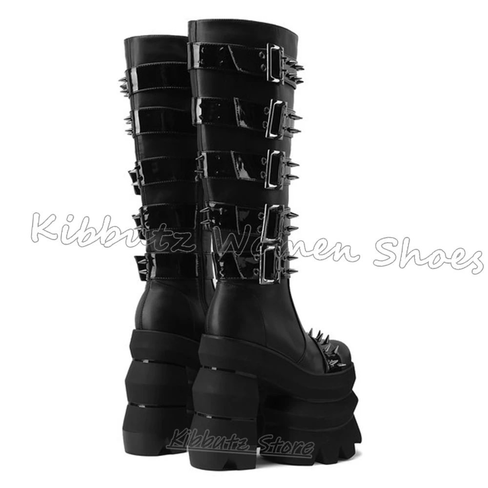 Rivet Knee High Boot Platform Belt Buckle Leather Women Shoes Round Toe Chunky Heels Gothic Punk Rock Fashion Luxury Concise New - view 6
