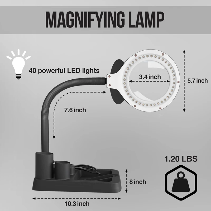 Lupa com Luz LED, Iluminado, Alta Visão, Lupa, Candeeiro de Mesa, Leitura, Fechar Trabalho, 5X, 10X, 40