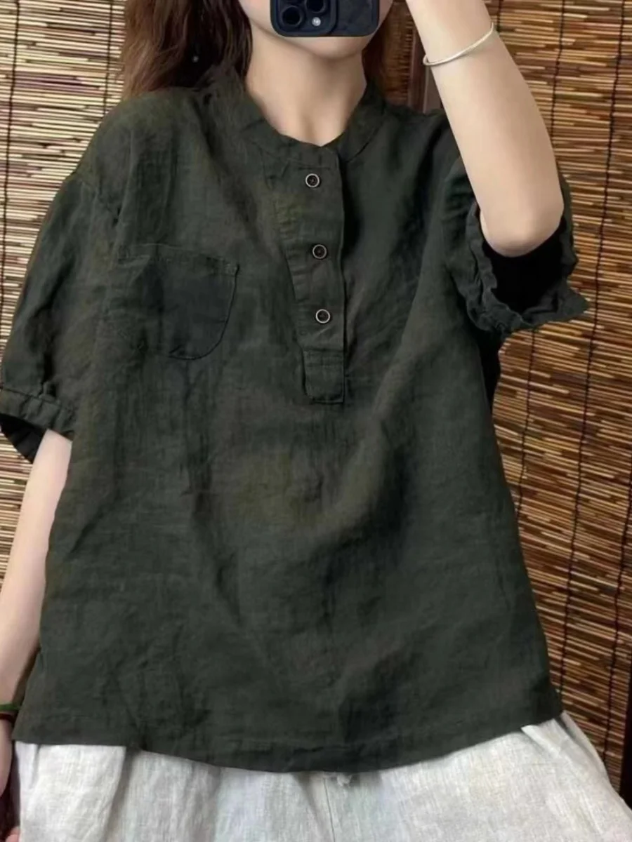 Summer 2026 New round Neck Linen Shirt Loose Casual Thin Cotton Linen Blouse Women\'s Commute Style Short Sleeve Pure Color