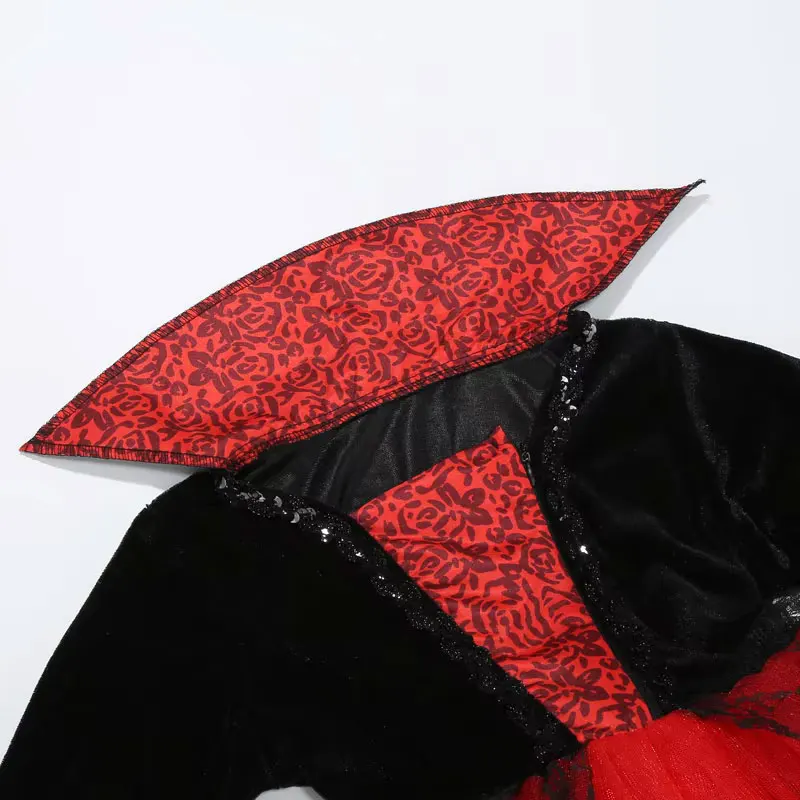Vampir-Halloween-Kostüm für Mädchen, schwarz-rotes Spitzen-Tüllkleid, Gothic-Stil mit Stehkragen, Hexen-Cosplay, Karneval, ausgefallenes Partykleid – Detail 4