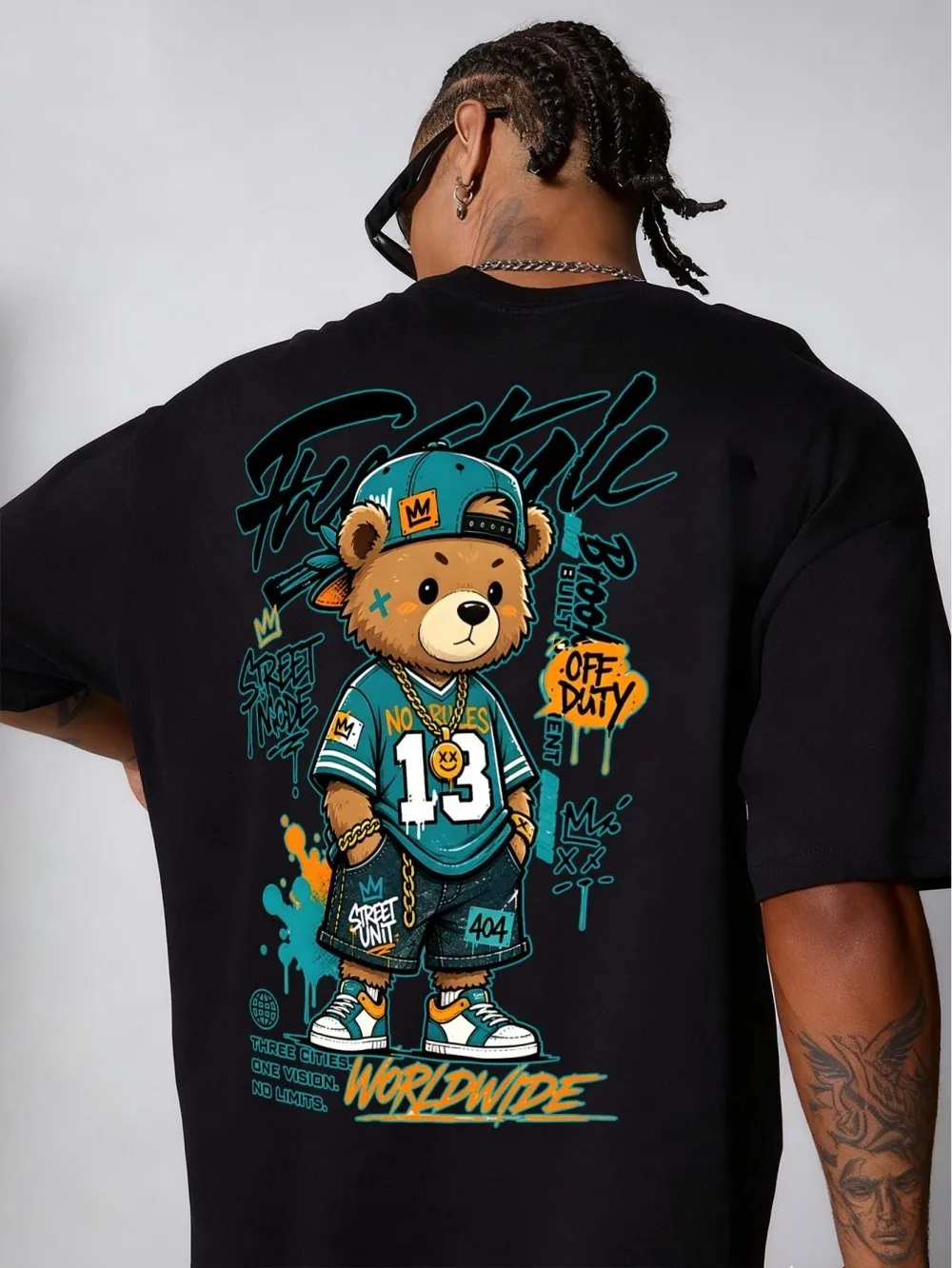 American men's summer popular skateboard teddy bear letter print micro elastic breathable round neck T-shirt outdoor street top