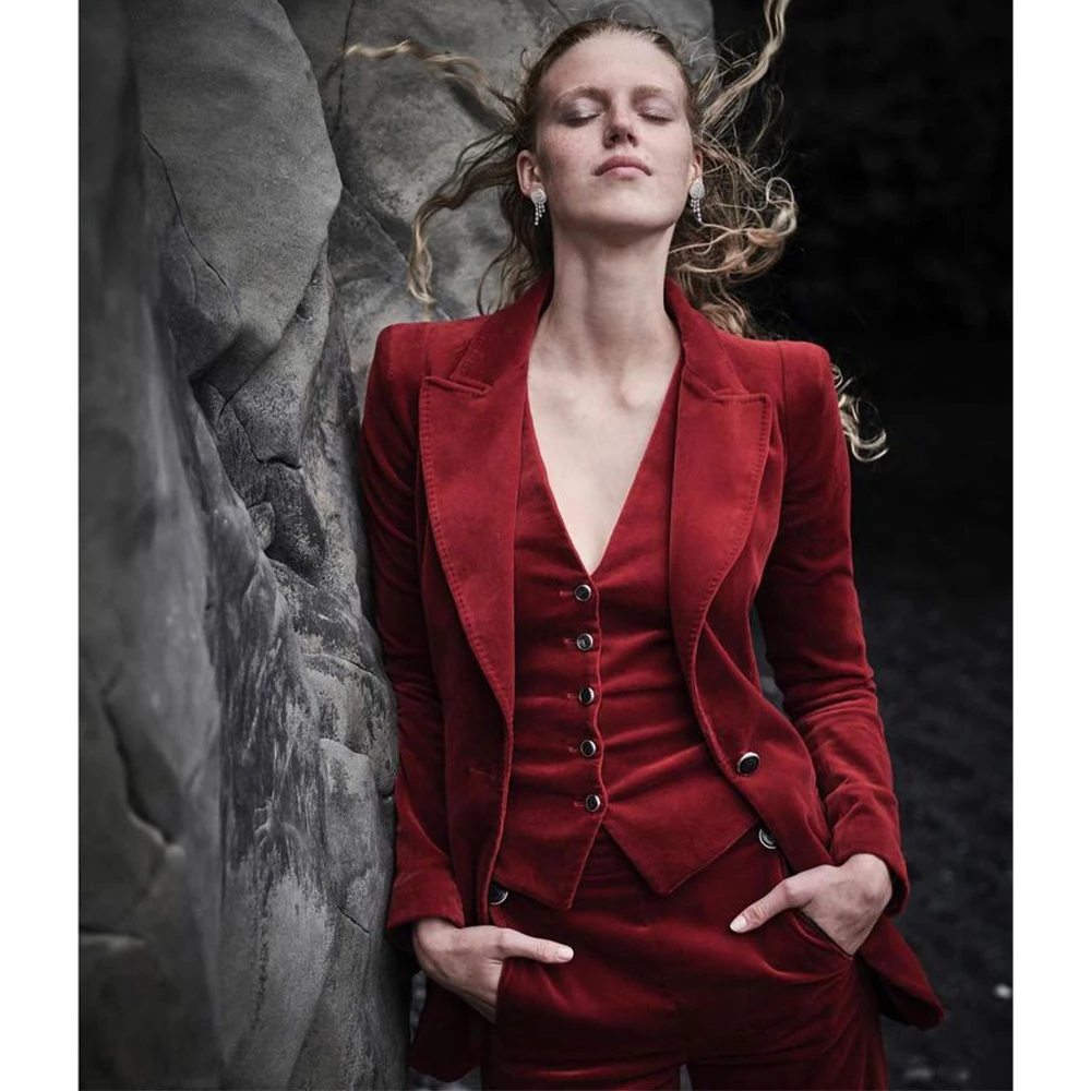 Suede Leather Women\'s Vintage Suit Single Breasted Jacket Pants Outfit Red Tailor Suit Female Fashion 2023 New 3 Piece Set