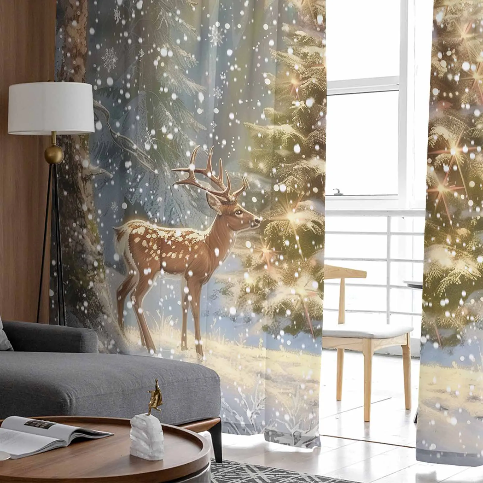 Christmas Snow Scenery Snowflakes Trees Deer Sheer Curtains Modern Gauze Curtain for Living Room Bedroom Voile Yarn Curtains