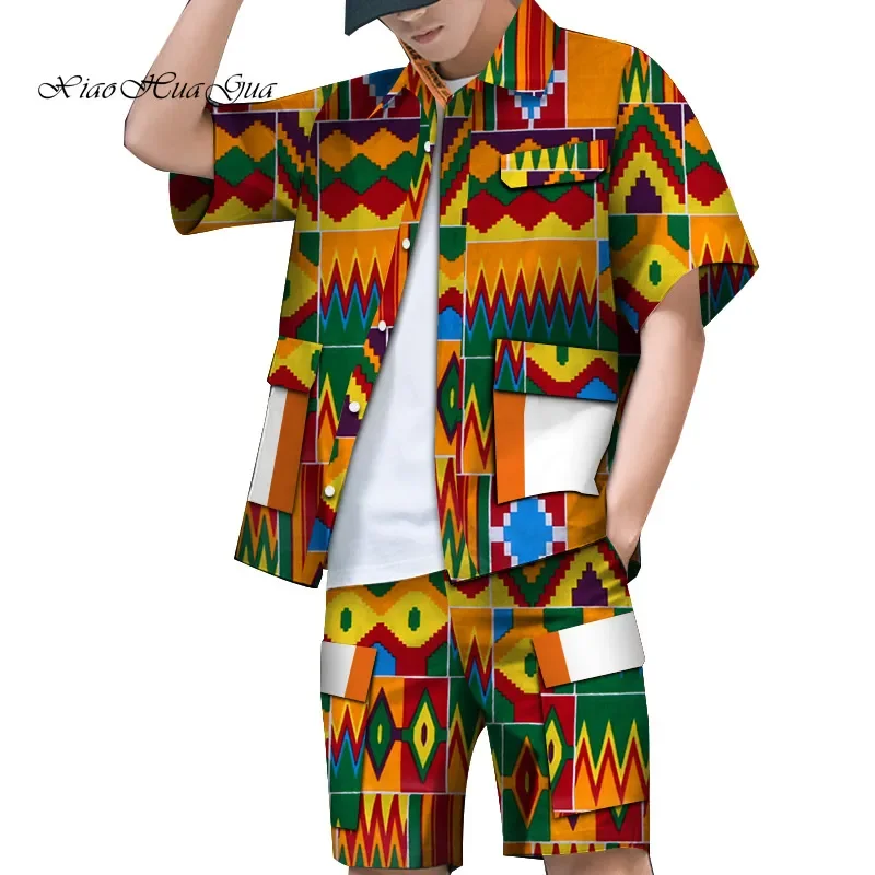 

Summer Men African Suits African Print Short Sleeve Shirt and Short Pants Patchwork African Clothes Shirt Pants Sets Wyn868